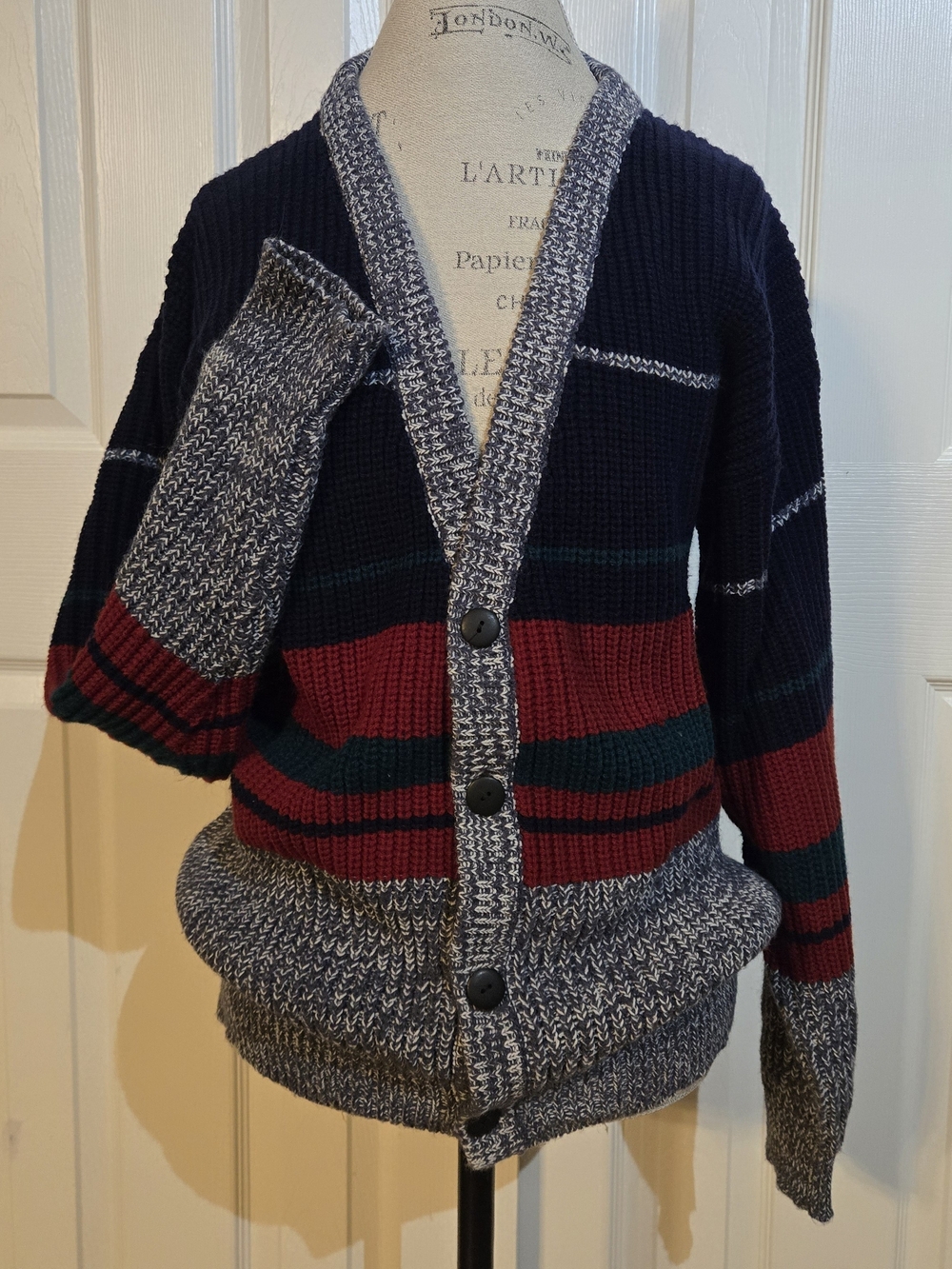 Striped Knit Button-Front Cardigan in Navy, Red & Forest Green